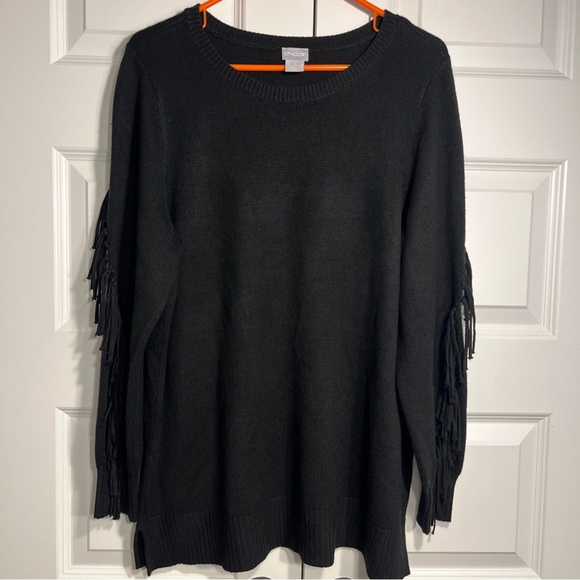 Chico’s Fringe Sleeve Sweater Size 3/ Xl Relaxed Boho  Western Black - Picture 1 of 8